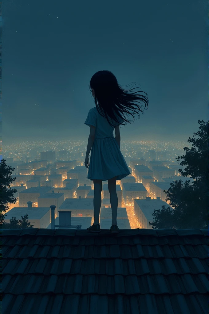 young girl with black hair and black standing at top of house .....Lofi background night time watching the city of lighs,