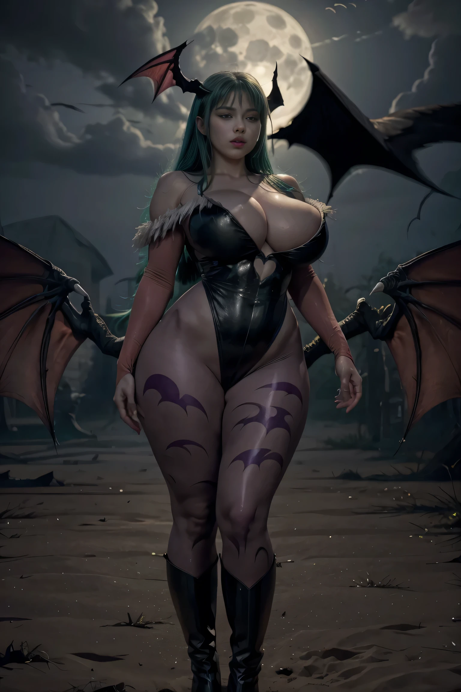 Morrigan beautiful and sensual sexy of her body with big breasts and big hips the best pose to appreciate her voluptuous body with a beautiful cleavage in the background the darkness and a huge full moon that shows her full body very close to the screen.