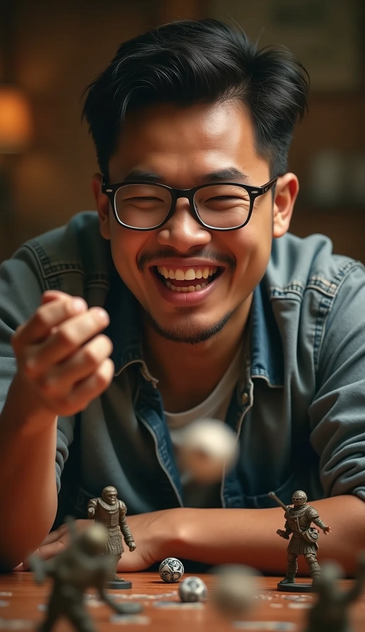 photorealistic, best quality, masterpiece, extremely detailed, front view, 30 year old bruneian malay man, athletic build, no facial hair, glasses, wearing nerdy tshirt, huge smile, throws dice while playing warhammer miniatures , extremely romantic atmosphere, perfect face, perfect fingers, perfect hands, perfection