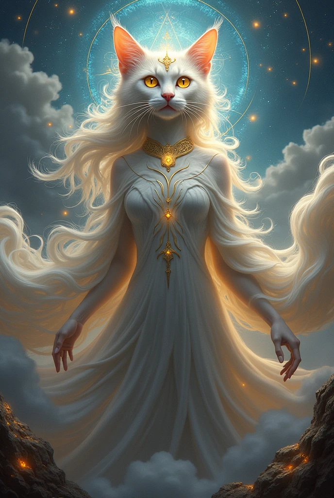 Show Tefnut in Egyptian mythology spreading moisture across the cosmos, highlighting her role in the creation of life. Use realistic details, stunning gradient colors, and a detailed background. Ensure best quality, masterpiece, realistic, and absurdres settings.
