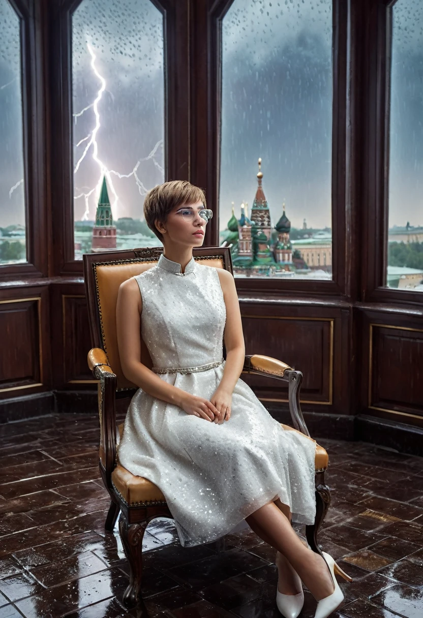 Outside the panoramic window, it is raining and lightning., in the foreground is a leather armchair, A young woman sits in the Kremlin, spectacled, Hair is light, Short hairstyle, she is dressed in a white dress with rhinestones around the chest, maximum detail of the dress, a high resolution, maximum detail of the surroundings