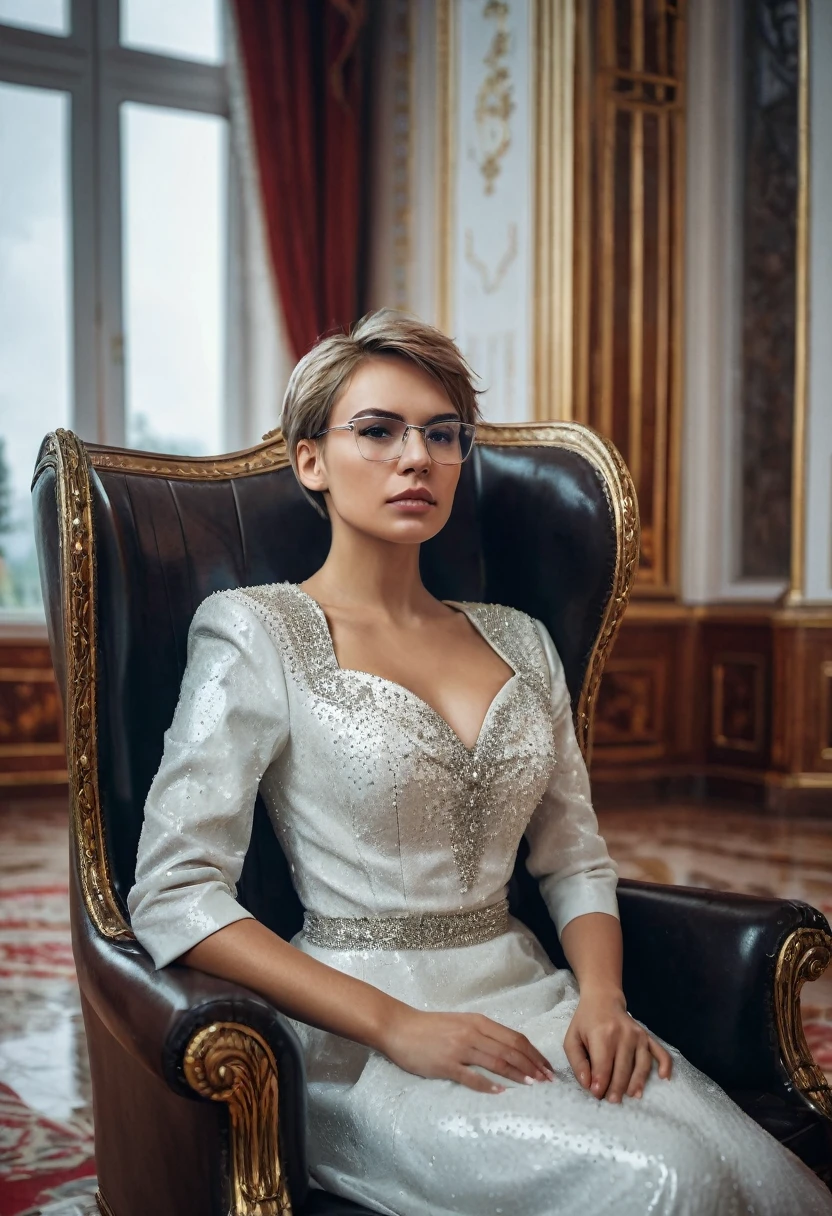 Outside the panoramic window, it is raining and lightning., in the foreground is a leather armchair, A young woman sits in the Kremlin, spectacled, Hair is light, Short hairstyle, she is dressed in a white dress with rhinestones around the chest, maximum detail of the dress, a high resolution, maximum detail of the surroundings