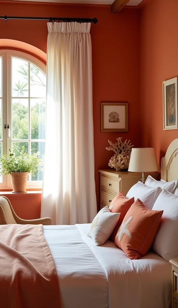 A Mediterranean-inspired bedroom featuring rich terracotta-painted walls that create a warm and cozy atmosphere. The bed is adorned with white linens accented by terracotta and gold, giving the space a luxurious yet comfortable feel. Nautical elements, including a large coral on the dresser and seashell-embroidered throw pillows arranged over a storage element, unify the decor. Soft, sheer white drapes filter natural light, adding a beautiful ambient glow. The design uses terracotta as an accent color to blend Mediterranean warmth with coastal charm