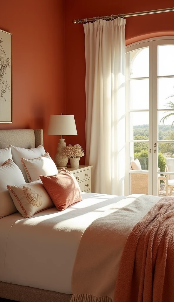 A Mediterranean-inspired bedroom featuring rich terracotta-painted walls that create a warm and cozy atmosphere. The bed is adorned with white linens accented by terracotta and gold, giving the space a luxurious yet comfortable feel. Nautical elements, including a large coral on the dresser and seashell-embroidered throw pillows arranged over a storage element, unify the decor. Soft, sheer white drapes filter natural light, adding a beautiful ambient glow. The design uses terracotta as an accent color to blend Mediterranean warmth with coastal charm