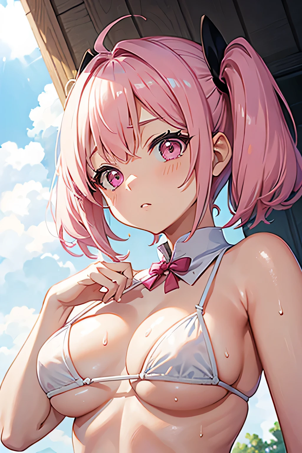 Anime Style、cute、White micro bikini、short hair、Pink Hair、Twin tails、Pink Eyes、Big Breasts、Both hands are hidden behind the body.、Embarrassing、Looking up、Sweat、There's a heart in my eye、Open mouth、Sticking out tongue、Cat Pose、Duck sitting