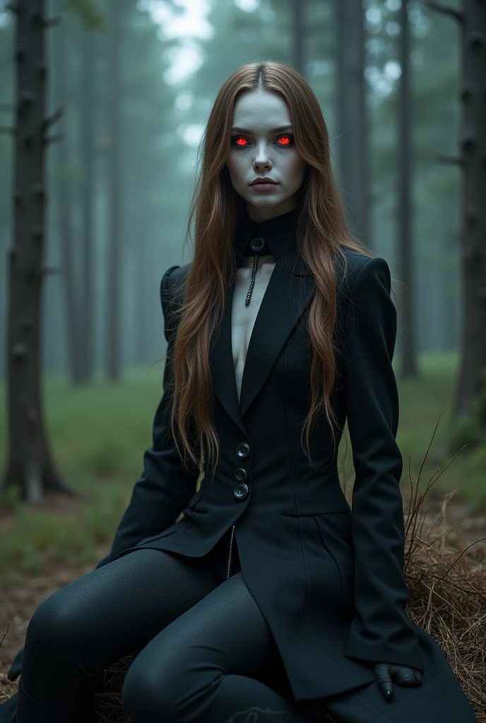 Fashionable of androgynous alien looking witch, glowing eyes, beautiful evil slavic muscular woman, pale skin, long light brown hair, light smile, futuristic design, minimal details, givenchy, photoreal, 200mm, hd, f/ 2.0, sitting in a gloomy spruce forest, highly detailed, surreal , drop dead, in the style of red and blue, (intricate details, hyperdetailed:1.15) (skin texture:1.2), cinematic, professional, 4k, (((dynamic model pose))), full body, mesmerizing, dynamic, dramatic, sensual, dynamic pose, highly detailed skin with hair, subcutaneous veins, light and shadow play, highly detailed,24mm photograph, film, bokeh, professional, 4k,