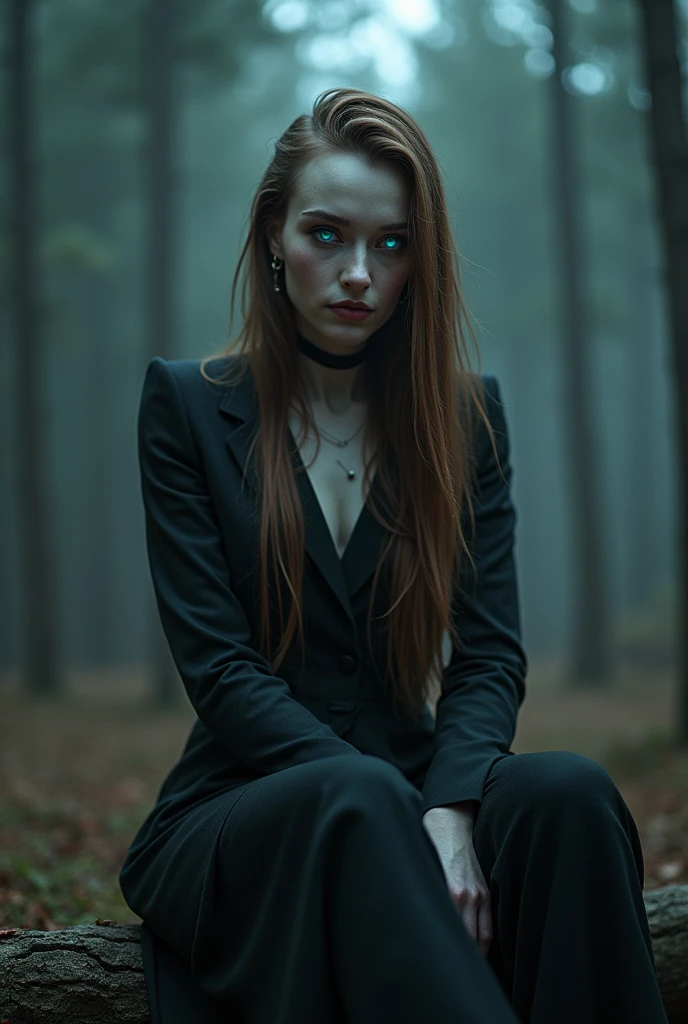 Fashionable of androgynous alien looking witch, glowing eyes, beautiful evil slavic muscular woman, pale skin, long light brown hair, light smile, futuristic design, minimal details, givenchy, photoreal, 200mm, hd, f/ 2.0, sitting in a gloomy spruce forest, highly detailed, surreal , drop dead, in the style of red and blue, (intricate details, hyperdetailed:1.15) (skin texture:1.2), cinematic, professional, 4k, (((dynamic model pose))), full body, mesmerizing, dynamic, dramatic, sensual, dynamic pose, highly detailed skin with hair, subcutaneous veins, light and shadow play, highly detailed,24mm photograph, film, bokeh, professional, 4k,