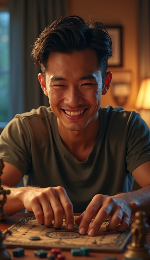 photorealistic, best quality, masterpiece, extremely detailed, front view, extremely handsome, 30 year old borneo man, athletic build, no facial hair, glasses, wearing nerdy tshirt, huge smile, throws dice while playing warhammer miniatures , extremely romantic atmosphere, perfect face, perfect fingers, perfect hands, perfection