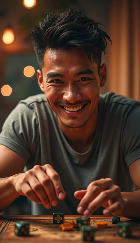 photorealistic, best quality, masterpiece, extremely detailed, front view, extremely handsome, 30 year old borneo man, athletic build, no facial hair, glasses, wearing nerdy tshirt, huge smile, throws dice while playing warhammer miniatures , extremely romantic atmosphere, perfect face, perfect fingers, perfect hands, perfection
