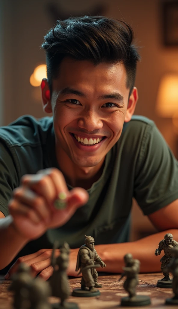 photorealistic, best quality, masterpiece, extremely detailed, front view, extremely handsome, 30 year old borneo man, athletic build, no facial hair, glasses, wearing nerdy tshirt, huge smile, throws dice while playing warhammer miniatures , extremely romantic atmosphere, perfect face, perfect fingers, perfect hands, perfection