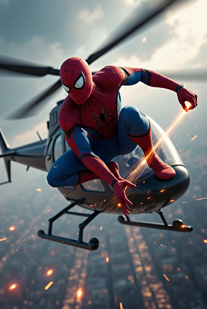 A dynamic and intense scene where Spiderman is attempting to stop a helicopter mid-flight using his immense strength. Spiderman is hovering in the air, his thrusters glowing brightly as he exerts all his power. His hand is gripping the landing skid of the helicopter, which is struggling to break free, its rotors spinning at full speed, creating a powerful downdraft. The helicopter is tilting slightly due to Spiderman's force, with sparks flying from the metal where his hand meets the skid. The background features a cityscape below, with clouds swirling around, and the tension of the moment is palpable. The image should capture Spiderman's determination and the sheer force of the battle between man and machine, using vivid, hyper-realistic colors and sharp details.