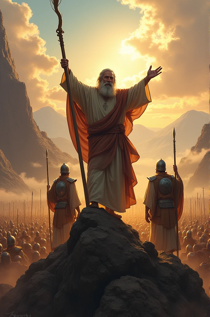 Create a picture depicting a battle between two armies in the Old Testament period in the Bible. The focal point is a man holding a stick standing on a high mountain overlooking the battle. Beside the man are 2 people standing on either side supporting his arms.