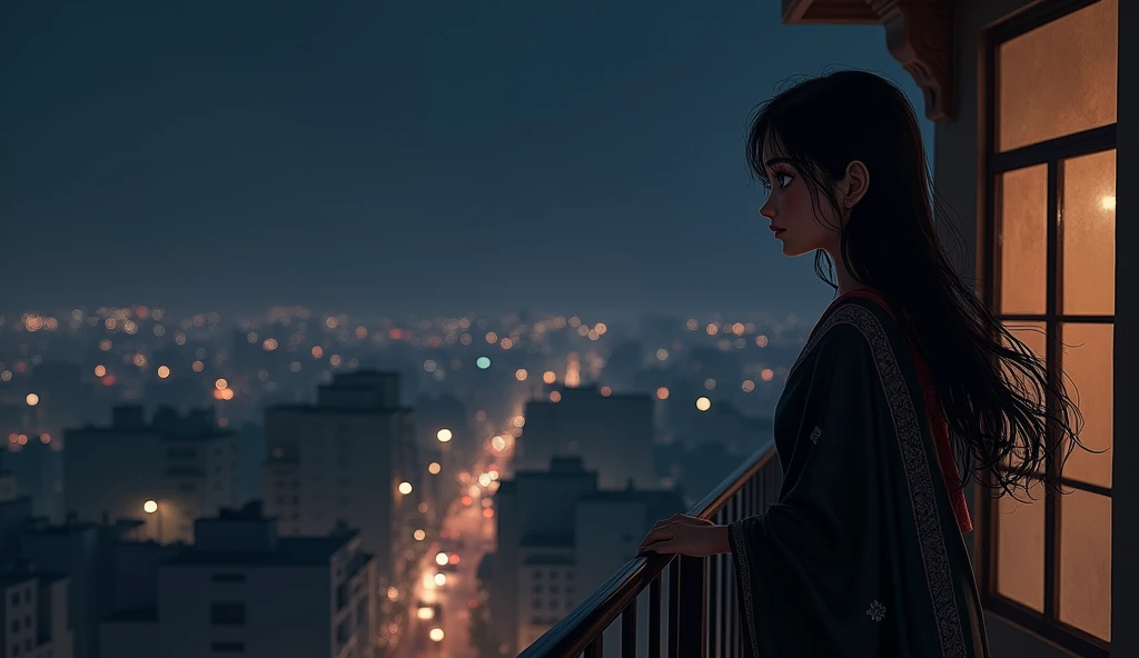 young girl with black hair and black saree standing at balcony of house .....Lofi background night time watching the city of lighs,