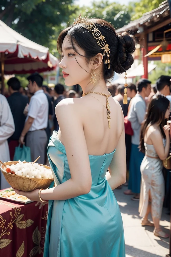 (((best quality))),(((ultra detailed))),(((masterpiece))),illustration,
((1 beautiful young girl,solo)),(bun hair:1.2)((slim,thin)),((small breasts,flat chest)),attractive, traditional Chinese attire,(Gorgeous and intricate headdress:1.3),((earrings,intricate necklace)),(strapless Exquisite embroidered maxi sleeveless sparkled dress:1.3),(standing:1.3),vibrant patterns, radiant complexion, joyful expression,(temple fair:1.3), bustling atmosphere, summer afternoon, sunny weather, cultural festival, street food, roasted skewers, steaming dumplings, sweet cotton candy, stalls, crafts, clothing, appreciative onlookers, sunset, ancient tradition, modern beauty, captivating scene, enchanting,(day scene:1.2),(surrounded by crowded crowds:1.3),((from back,upper body))