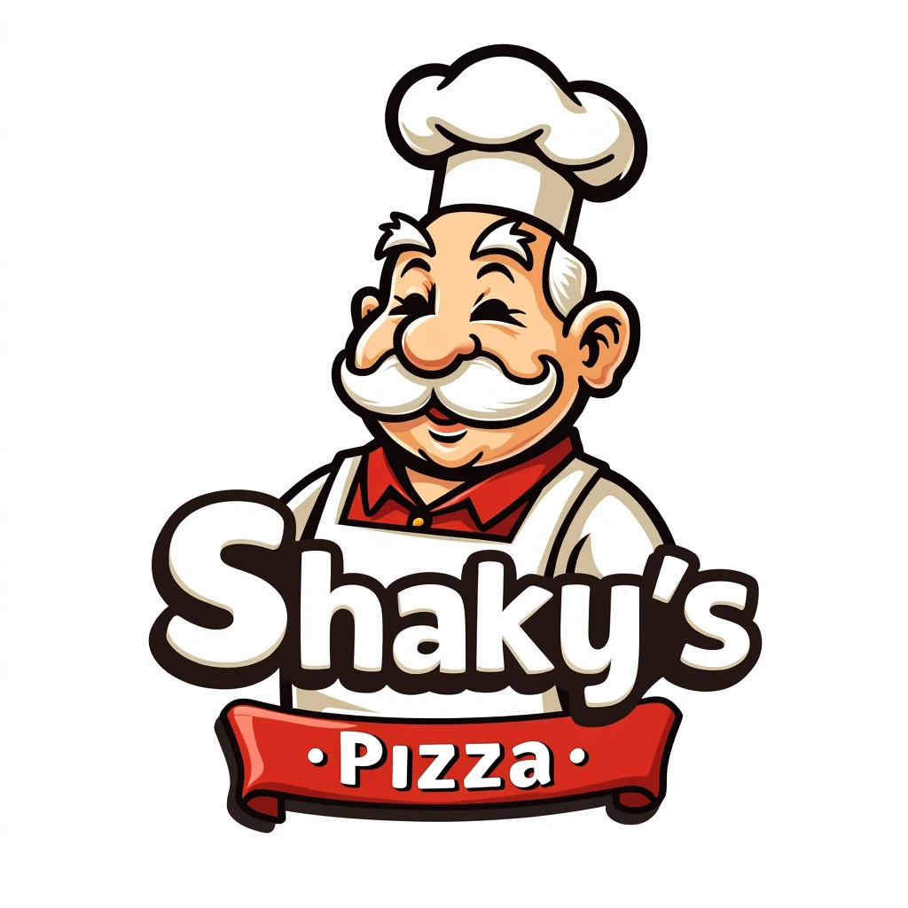 cartoonish, clean sharp edges,thick black outlines,blocky, a pizzeria logo that shows a balding old man, pizza chef with white hair, chef hat, apron, mustache, big smile,  the sign says "Shaky's Pizza", white background