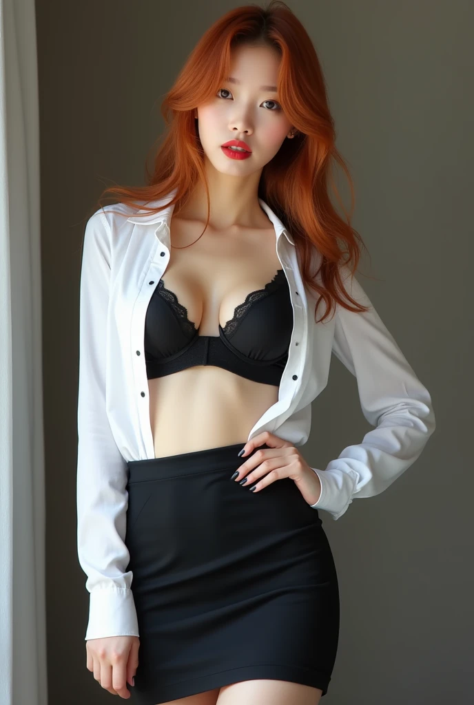 Korean girl of 24, very pale, copper hair, secretary, open white blouse, black lingerie, black pencil skirt very short, very stylish, she is very sexual and teasing the camera, she has red lipstick on her lips, she is high quality and very naughty