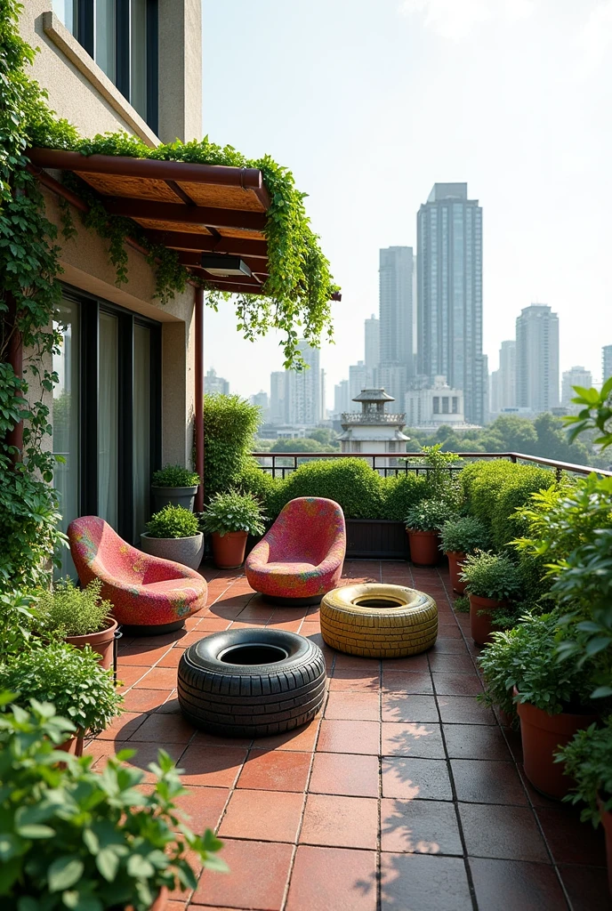 A space on the rooftop of the UNFV in the civil engineering faculty made of recyclable materials, chairs made from car tires but already beautiful (covered with fabric), many plants that will be placed in a pipe pot, that it has a mini awning with vines