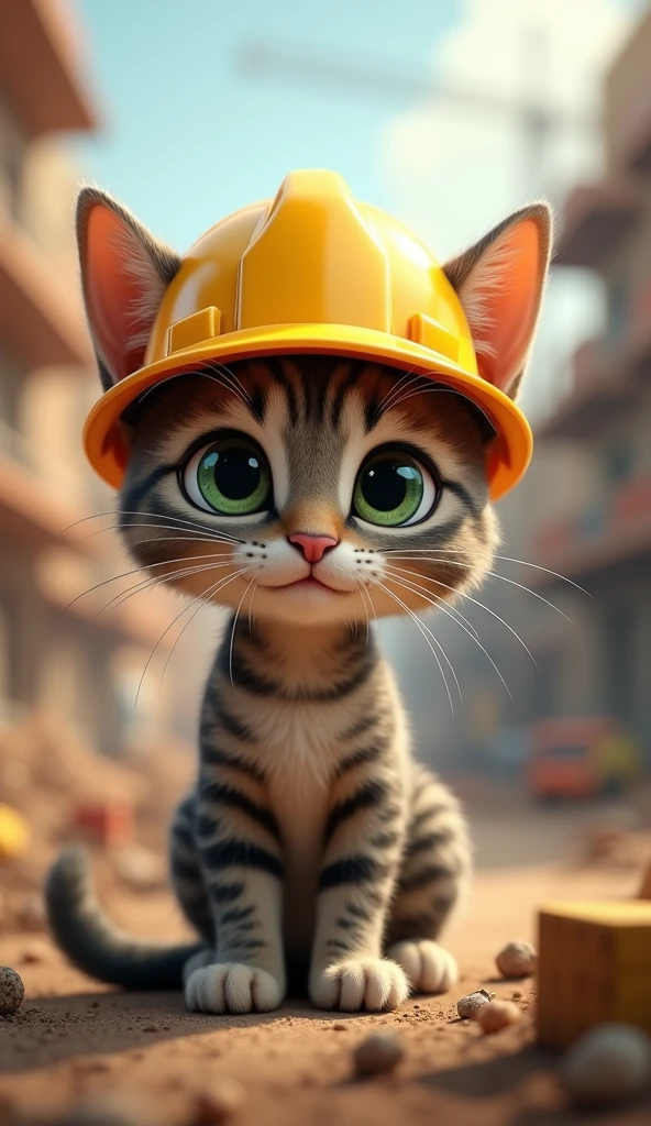 "A diligent cat named Whiskers wearing a tiny hard hat."
