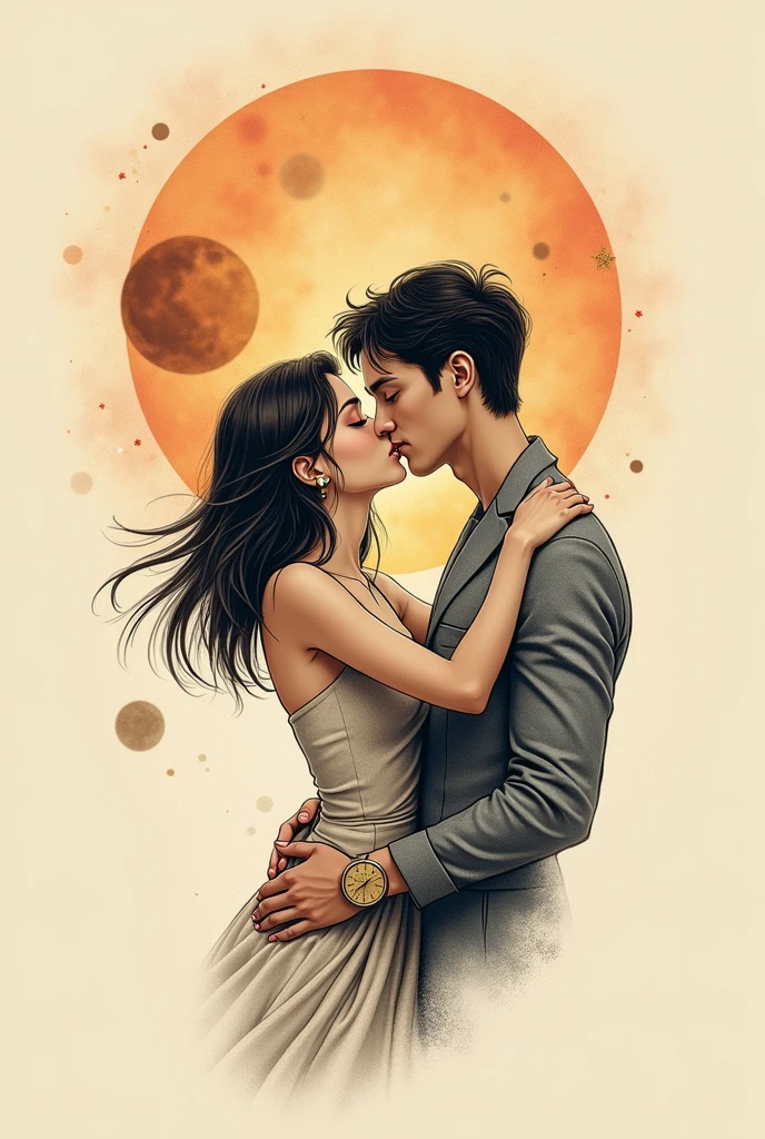 Create a tattoo design that depicts a romantic scene where a female figure, representing the Sun, and a male figure, symbolizing the Moon, are sharing a French kiss. The female Sun has simple, straight hair, and both figures have stylized, celestial features. In the background, larger versions of the Sun and Moon are subtly visible, adding depth to the design. The overall style should be minimalist yet detailed, with smooth lines and a harmonious blend of warm and cool tones to capture the contrast between the Sun and Moon.