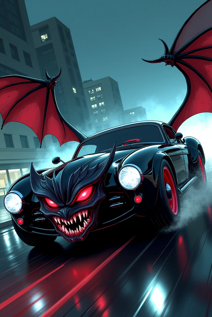 animation comic if a blood hungry vampire was a car, incorporate female vampire head, bat wings