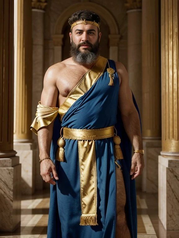 Front view , View your viewers, 1 person ,Herod the Great of the Jews, He is Arab and 65 years old., (Dark brown curly hair, Jewish sideburns、Brown eyes, Thick eyebrows、He has a beard under his nose and on his chin.、 Invincible laughter), (Gold crown), (Wearing an Ionic tunic from the Roman Empire), (Blue Toga, One-shoulder robe:1.3), Sandals, Standing in the palace , HI Detail Skin, (Shorthand, Canon, 8k, Anatomically correct, Super Detail, Attention to detail, Your Highness)