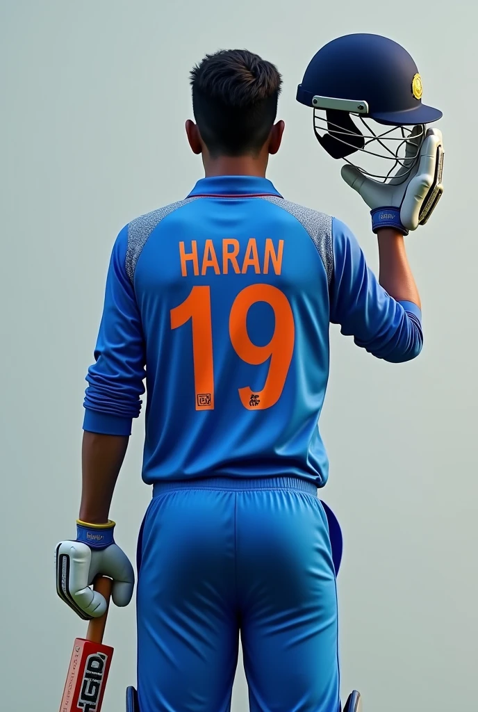 Give me a cricketer with the jersey number 19 and name haran written on the jersey, viewed from back, with helmet in one hand and bat in another hand, with hands facing up, and blue jersey