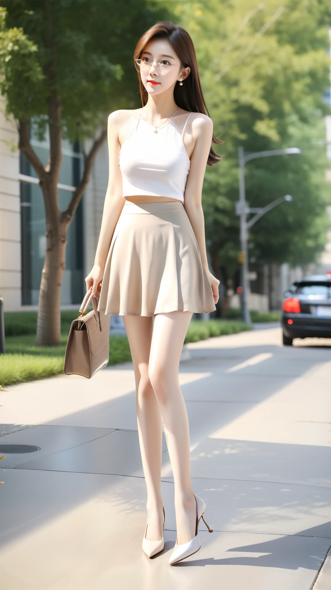 Ultra-clear resolution,Young girl,Big glasses,Shoulder-length hair,Light hair color,Earrings,Clear eyes,No makeup,Lip Gloss,Perfect face,Fair skin,Perfect breasts,Long and slender legs,Very long legs,Loose slip top,Pantyhose,Slim Fit Office Mini Skirt,High heel,Empty outdoors