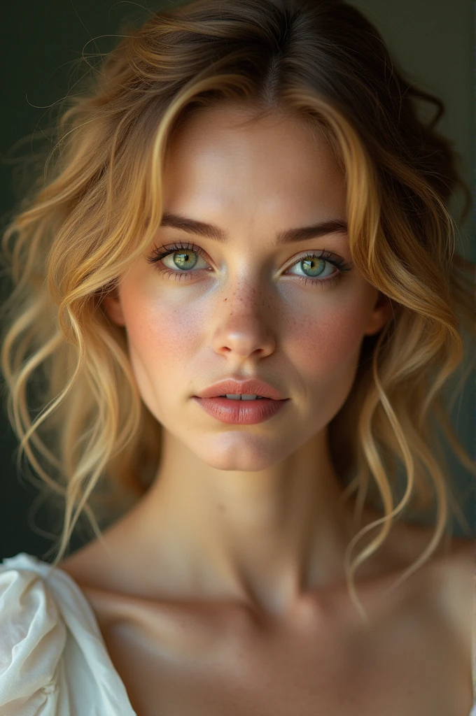 (best quality,high resolution,masterpiece:1.2),Extremely detailed,Reality:1.37,portrait,Beautiful woman,curls,freckle,Delicate eyes,Delicate lips,Dirty blonde,Vibrant colors,Soft lighting,Studio Setup,Feminization,Thoughtful expression,Beautiful posture,Beautiful,Light makeup,Bokeh,Shallow depth of field,A faint smile,Red face,Airy feeling,Artistic Composition, (((SFW))), (((Anna's Weapon))), (((Green Eyes))), Movie, Ultra Detailed, Crazy details, Beautifully Color Graded, Movie Lightning, Extremely detailed and complex, Ultra-minimalism, volume, Rich colors, HDR, Shallow depth of field, High-budget Hollywood films, Scarlett