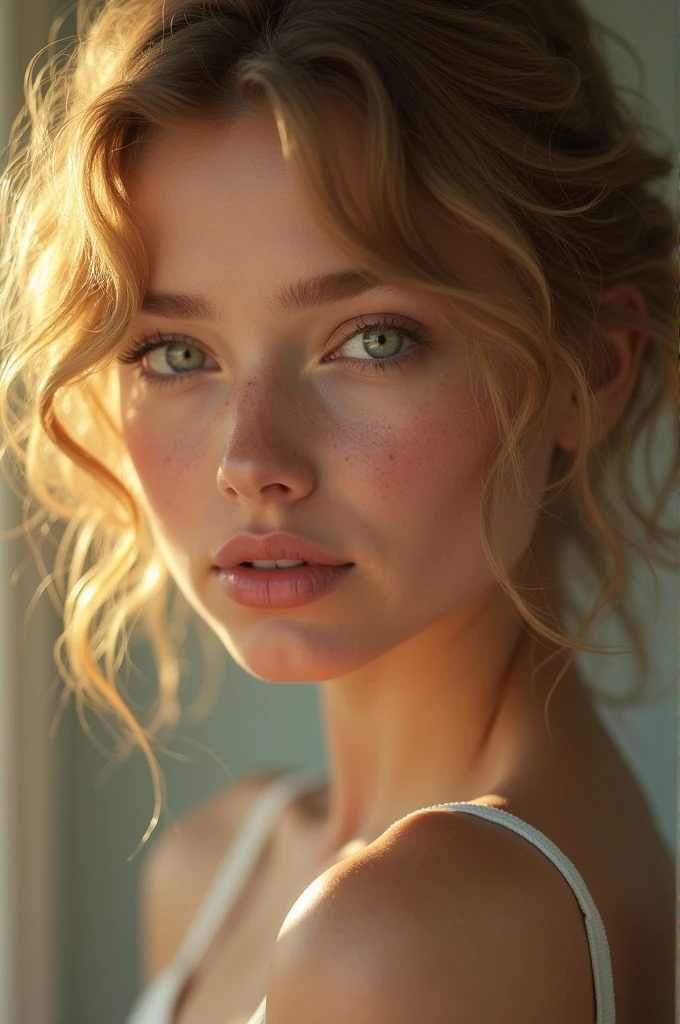 (best quality,high resolution,masterpiece:1.2),Extremely detailed,Reality:1.37,portrait,Beautiful woman,curls,freckle,Delicate eyes,Delicate lips,Dirty blonde,Vibrant colors,Soft lighting,Studio Setup,Feminization,Thoughtful expression,Beautiful posture,Beautiful,Light makeup,Bokeh,Shallow depth of field,A faint smile,Red face,Airy feeling,Artistic Composition, (((SFW))), (((Anna&#39;s Weapon))), (((Green Eyes))), Movie, Ultra Detailed, Crazy details, Beautifully Color Graded, Movie Lightning, Extremely detailed and complex, Ultra-minimalism, volume, Rich colors, HDR, Shallow depth of field, High-budget Hollywood films, Scarlett