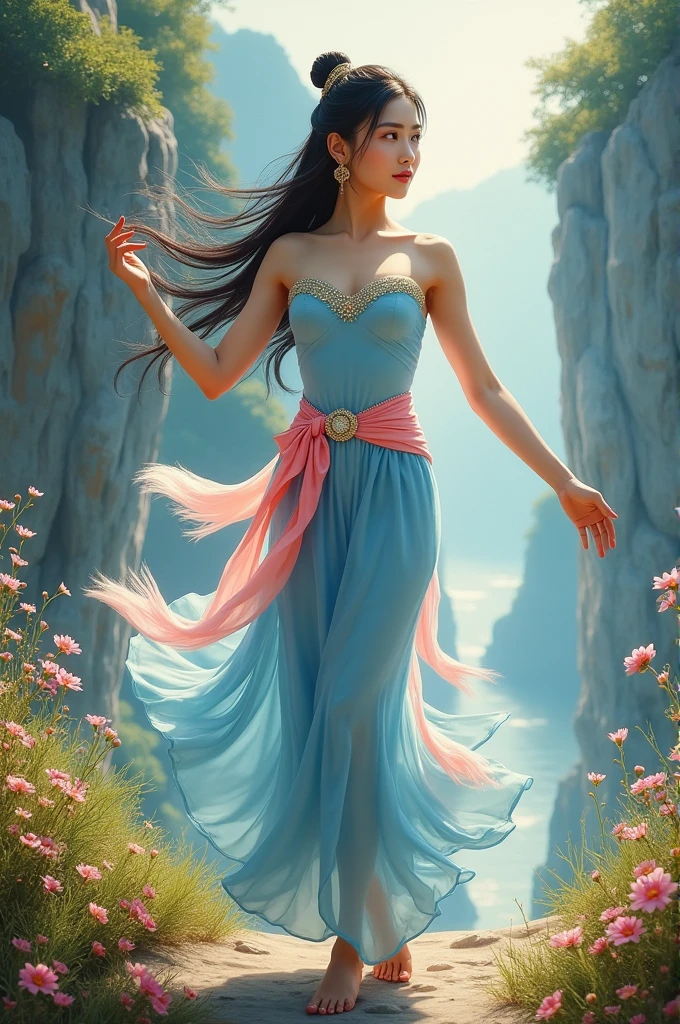 Full lenght a Standing full-length picture of a beautiful young woman, sweet and gentle, wearing a light blue strapless Thai dress, a nine-gem belt, a pink sarong with gold trim, a light blue shoulder cloth, long flowing black hair, wearing a flying crown, tied loosely, in a dancing pose, a high cliff scene with small flowers growing all around, beautiful, glowing and shimmering light. Three-dimensional picture, oil painting, sharp picture, art of Ajarn Chalermchai.