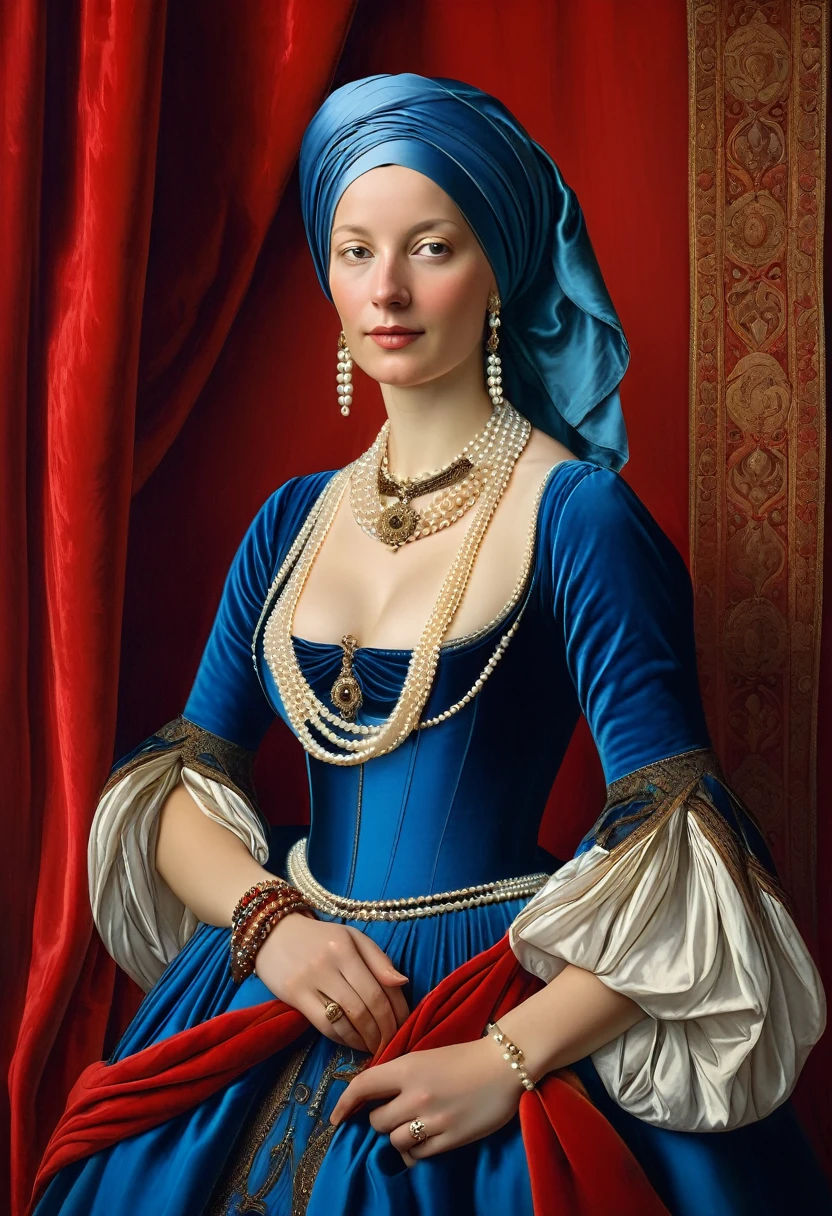 woman in blue dress slipped down from shoulders, exposed breasts, turban on head, pearl necklace around neck, holding camera, against red velvet drapery, high renaissance style, renaissance style, inspired by Jean Fouquet, inspired by Hendrik Terbruggen, old painting style, renaissance portrait, renaissance style, inspired by Jean-Auguste-Dominique Ingres