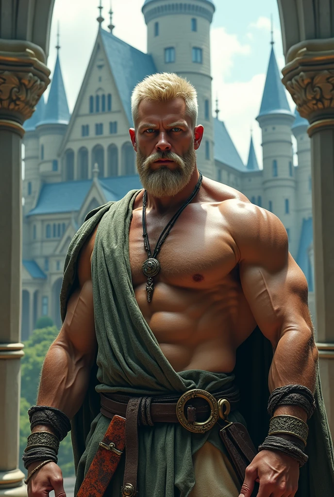 A muscular young man in traditional clothing, blonde hair, Blonde short beard, long pants, magical castle, detailed face, highly detailed, 8k, photorealistic, dramatic lighting, fantasy, cinematic, lush colors, intricate details