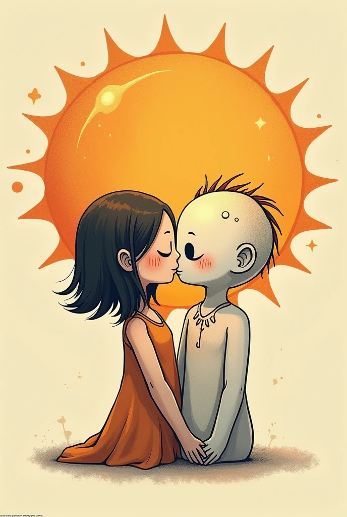 Create a tattoo design that depicts a romantic scene where a female figure, representing the Sun, and a male figure, symbolizing the Moon, are sharing a French kiss. The female Sun has simple, straight hair, and both figures have stylized, celestial features. In the background, larger versions of the Sun and Moon are subtly visible, adding depth to the design. The overall style should be minimalist yet detailed, with smooth lines and a harmonious blend of warm and cool tones to capture the contrast between the Sun and Moon.