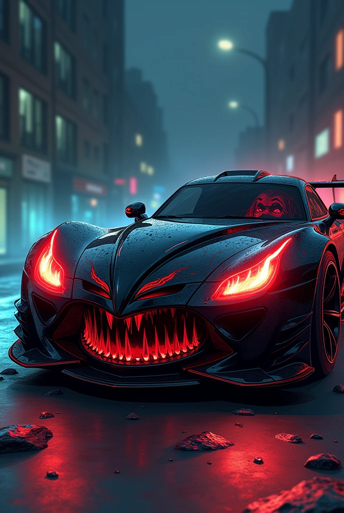 animation comic if a blood hungry vampire was a car, incorporate female vampire head, vampire fangs