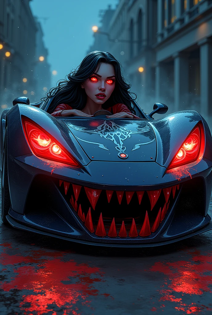 animation comic if a blood hungry vampire was a car, incorporate female vampire head, vampire fangs
