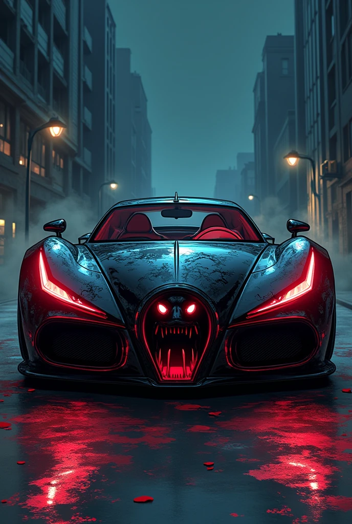 animation comic if a blood hungry vampire was a car, incorporate female vampire head, vampire fangs