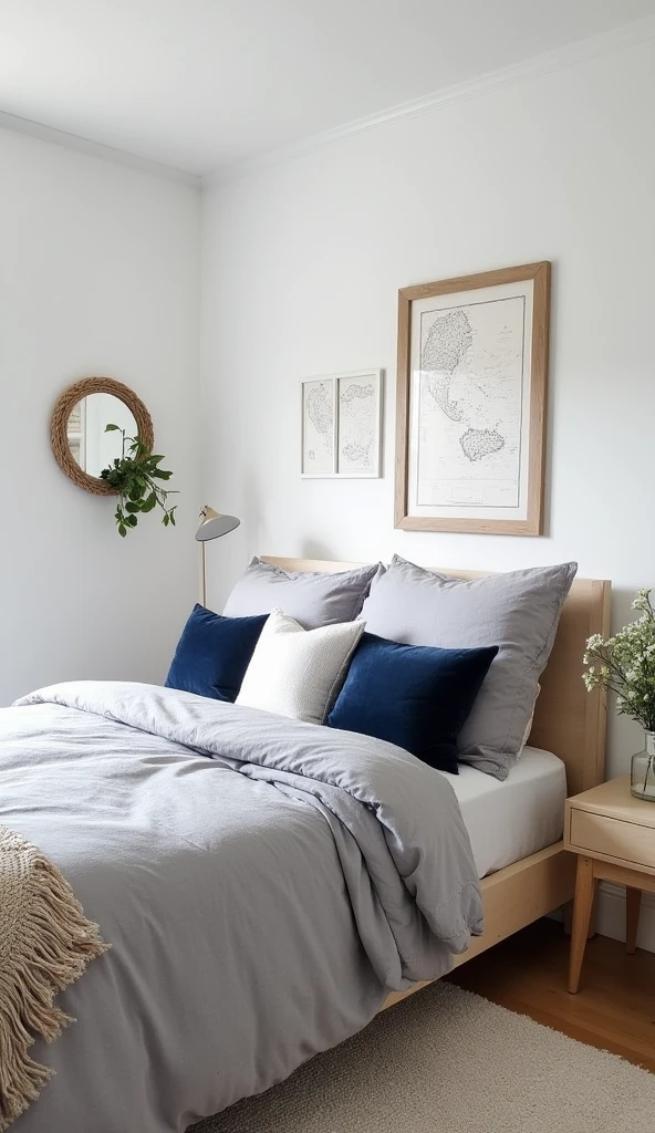 A modern bedroom with subtle nautical touches. The walls are freshly painted white, complementing a soft grey bed with navy blue accent linens. Nautical decor includes a small rope mirror and framed navigation charts, adding hints of coastal living without overwhelming the space. The room features modern, light wood furniture, maintaining a clean, airy feel. The design incorporates minimalist nautical elements to achieve a refined coastal look without clutter.