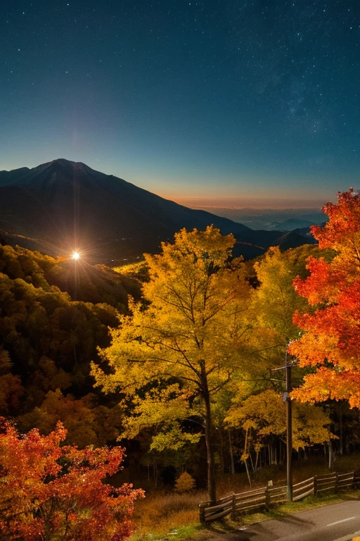 Mountain、autumn leaves、night