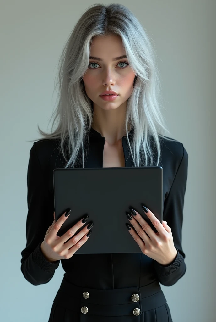 Young woman, Holding a laptop in his hands, light gray hair, hair below the shoulders, blue shining eyes, Dreamy Girl, In a black dress, standing straight, black long sharp nails, looks straight into the camera, hyperrealism, realistically, Hyper-Definition, 4k