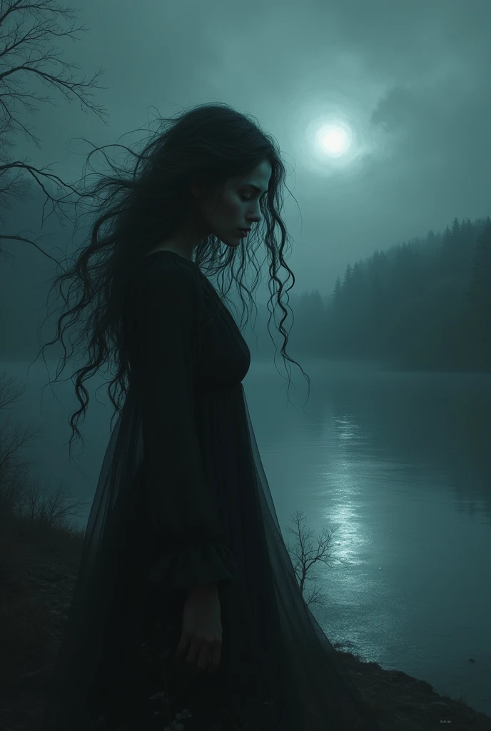 In a dimly lit, misty environment, a stunning woman stands at the edge of an eerie lake, her long hair swirling around her like tentacles. Her face contorts in anguish as she gazes out into the darkness, the weight of her emotions threatening to consume her. In the distance, a faint glow emanates from a distant shore, symbolizing the light of appreciation and love that seems just out of reach. The woman's beauty is illuminated by the subtle radiance, yet it cannot penetrate the veil of despair shrouding her.