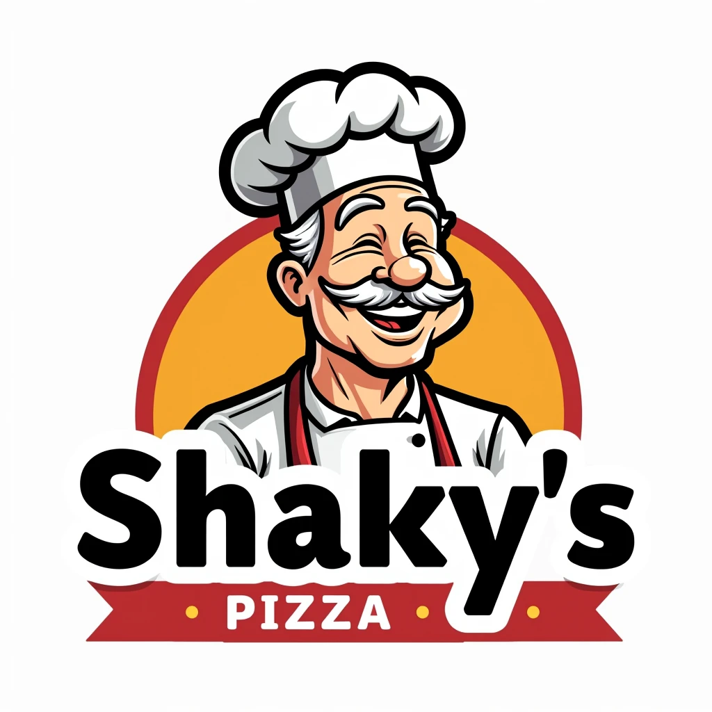 cartoonish, clean sharp edges,thick black outlines,blocky, a pizzeria logo that shows a balding old man, pizza chef with white hair, chef hat, apron, mustache, big smile,  the sign says "Shaky's Pizza", white background