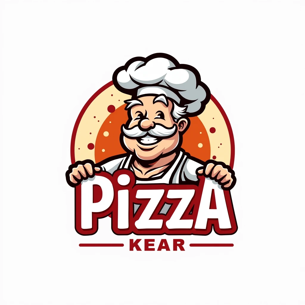 cartoonish, clean sharp edges,thick black outlines,blocky, a pizzeria logo that shows a balding old man, pizza chef with white hair, chef hat, apron, mustache, big smile, the sign says "Shaky's Pizza", white background