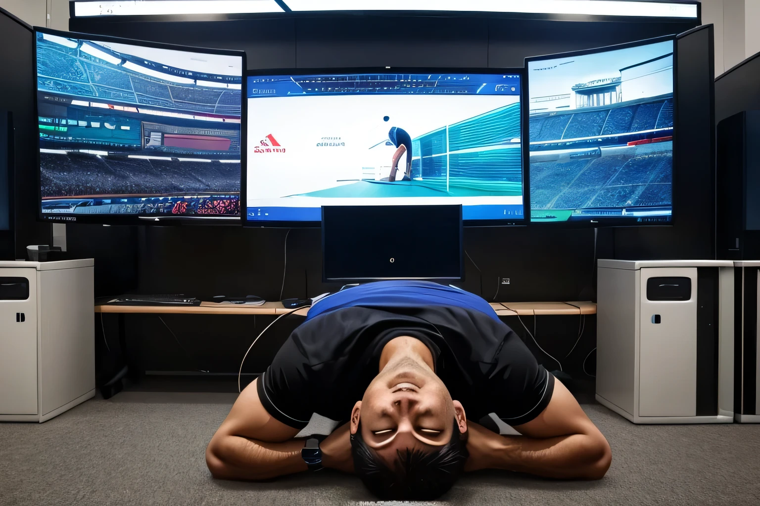 A person prostrating himself in front of a giant computer、bow down、Lots of monitors