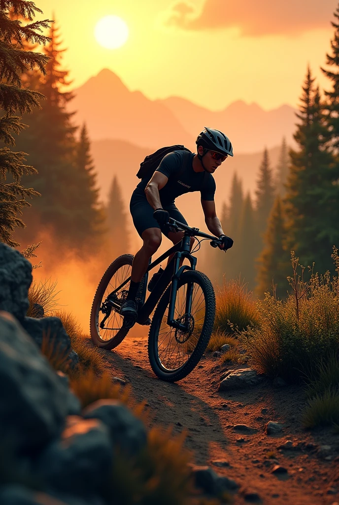 A cyclist descending on a black MTB, on a mountain trail, with an orange sky, forests, and a brown land