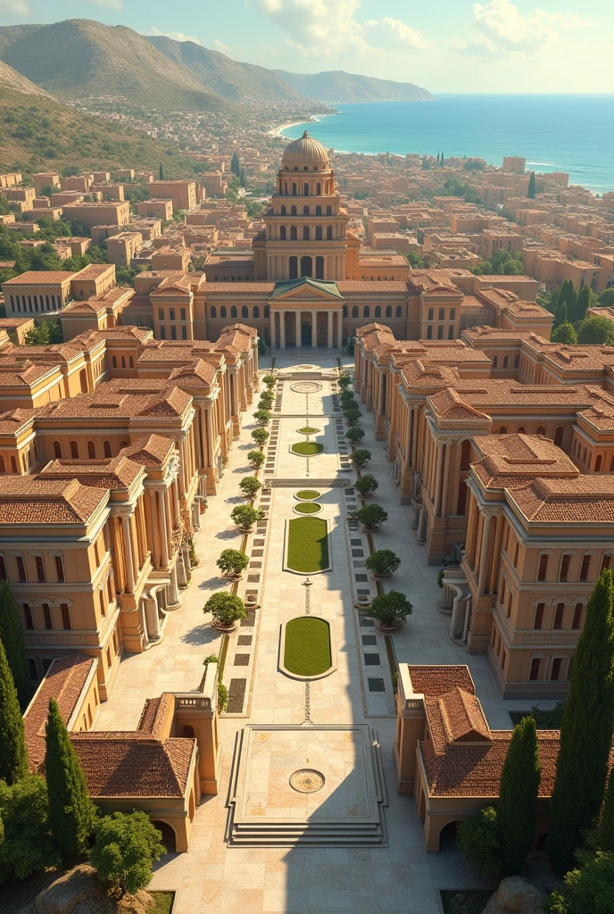 Create an architectural 2D plan of a Roman city invented by an architecture student that makes sense, with elements of ancient Roman architecture, taking Pompeii as a reference.