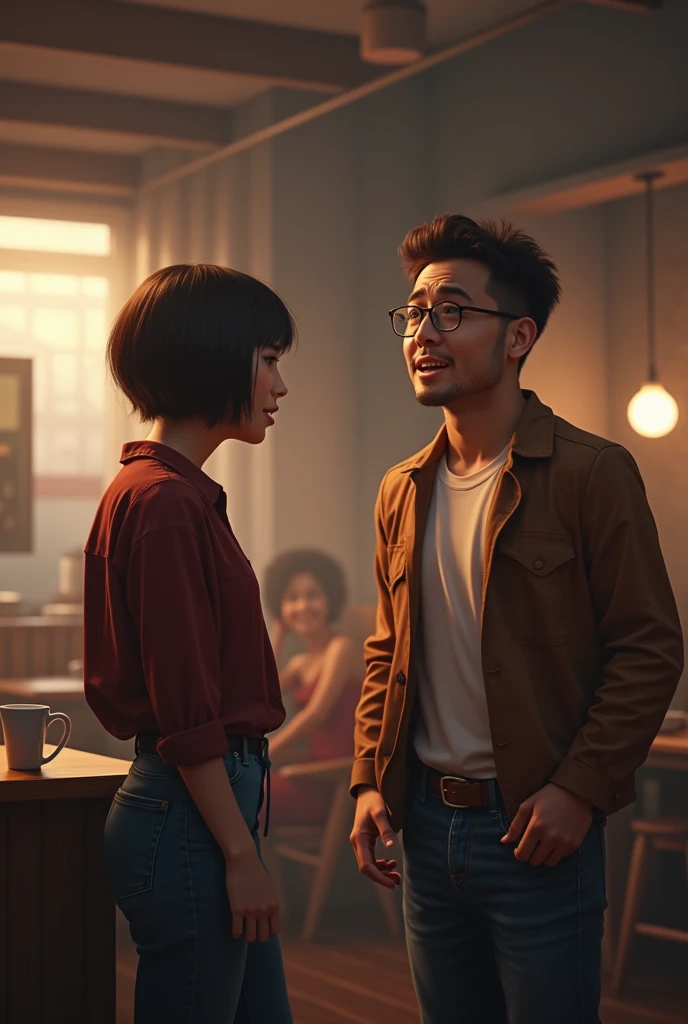 I want a picture where one person is making joke of another person that person is laughing while the other person is feeling uncomfortable because the joke is inappropriate