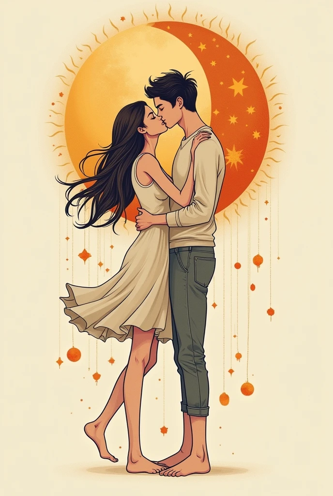 Create a tattoo design that depicts a romantic scene where a female figure, representing the Sun, and a male figure, symbolizing the Moon, are sharing a French kiss. The female Sun has simple, straight hair, and both figures have stylized, celestial features. In the background, larger versions of the Sun and Moon are subtly visible, adding depth to the design. The overall style should be minimalist yet detailed, with smooth lines and a harmonious blend of warm and cool tones to capture the contrast between the Sun and Moon.