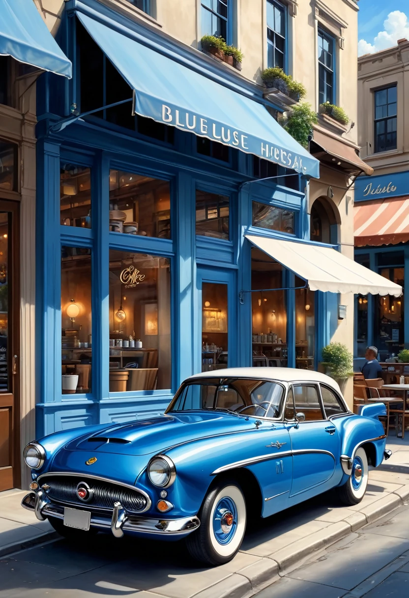   ( perfect anatomy )masterpiece, Exquisite, delicate, fresh and elegant aesthetic style airbrush digital oil painting exquisite artwork creates a refreshing morning coffee shop scene photo，

                    Blue classic car(Unique style)特寫Blue classic car( perfect anatomy ) Elegantly parked on the street next to a coffee shop.coffee shop scene masterpiece,

                             Very detailed, Realistic original photos, Best film quality, Extremely fine texture, High-quality work by a master artist
