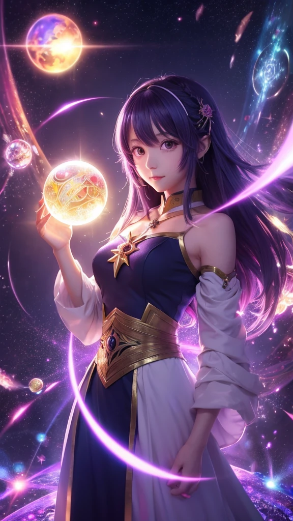 (((tall body,long legs,20 years old))),(large breasts),(((abs))),((muscular girl,biceps)),parted lips,((((dress,long dress)))),((looking ahead,illusion effect)),[light smile],((((cowboy shot))),(((perfect finger))),(((dark purple hair))),(((dqMinea, circlet, earrings, choker, bracelet, orange dress))),((crystal ball,fortune teller)),1girl, solo,(((((sharp eyes))))),(((best quality,masterpiece,highres,high quality,8k,higher,extremely detailed CG unity 8k wallpaper))),(((outdoor,field))),night