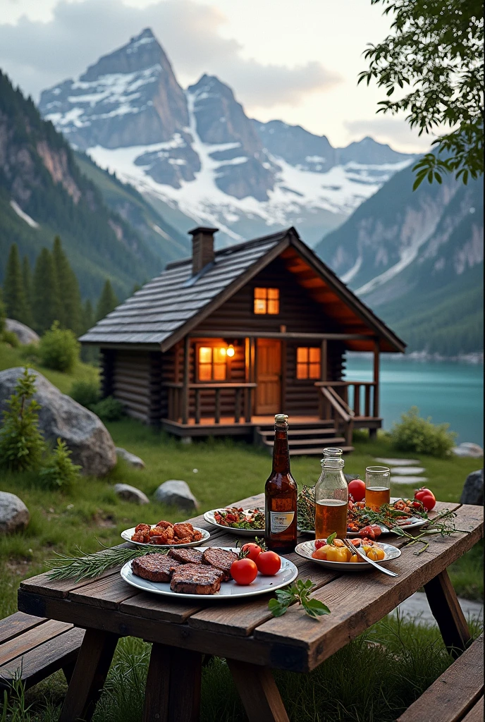 The image shows a picturesque and cozy scene in a wooden cabin located in a mountainous and natural setting. In front of the cabin is a rustic wooden table with an outdoor meal that includes steaks grilling in a pan over a wood fire, a plate with yellow tomatoes and a bottle of beer, Among other foods. At the bottom, the imposing snow-capped mountains and a lake add a serene and majestic touch to the scene, while the green vegetation and cloudy sky complete this idyllic mountain landscape.